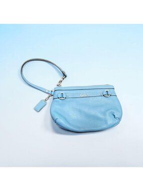 Coach Blue Leather Wristlet Small Pouch Zip Top Mini Bag Y2K Handbag Silver